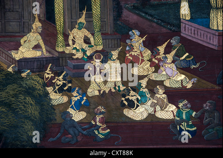 Ramakien murales in Phra Rabieng gallery e di dettaglio, Wat Phra Kaeo, Grand Palace o Palazzo Reale di Bangkok, Tailandia, Asia Foto Stock