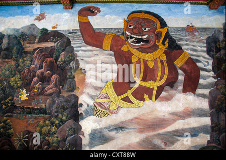 Ramakien murales in Phra Rabieng gallery e di dettaglio, Wat Phra Kaeo, Grand Palace o Palazzo Reale di Bangkok, Tailandia, Asia Foto Stock