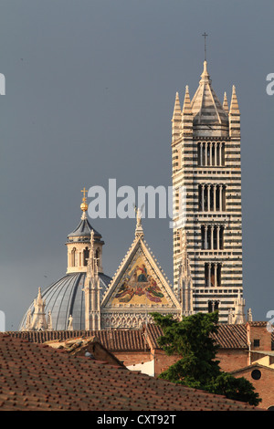 Il campanile della cattedrale, la cupola e la facciata principale della Cattedrale di Santa Maria Assunta, Cattedrale di Siena, turbolenta atmosfera, Siena Foto Stock