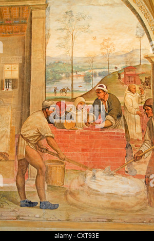 Serie di affreschi raffiguranti la vita di san Benedetto, affresco del Sodoma, rurale scena, chiostro Abbazia di Monte Oliveto Maggiore Foto Stock