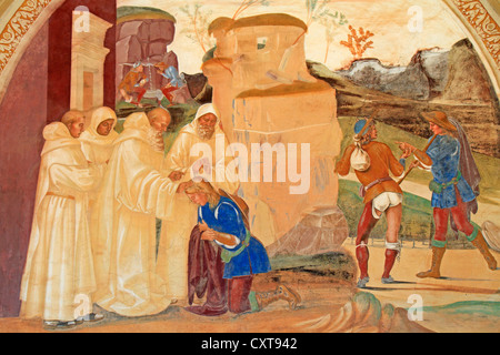 Serie di affreschi raffiguranti la vita di san Benedetto, affresco del Signorelli, scena 27, Benedetto rivelando l inganno della gotica Foto Stock