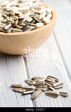 Semi di girasole sul tavolo di legno Foto Stock