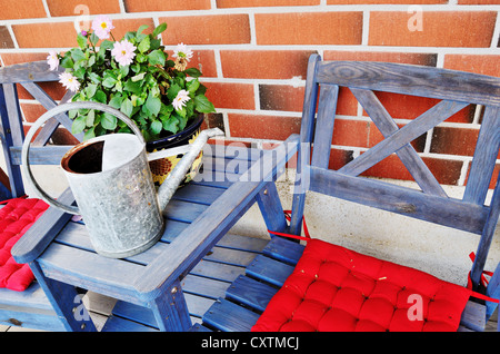 Annaffiatoio e vaso di fiori sul tavolo contro un muro di mattoni Foto Stock