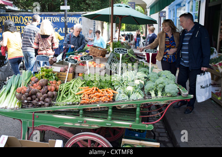 Dh Grocers barrow in stallo CLIFTON VILLAGE BRISTOL persone ad acquistare verdura fresca frutta di generi alimentari street display sul mercato del Regno Unito negozi Foto Stock