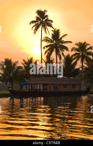 Vista verticale di una tradizionale casa in legno barca, kettuvallam, al tramonto nelle lagune del Kerala. Foto Stock