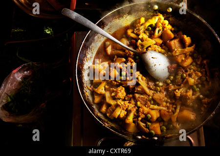 Una padella di ferro con un vegetale gustoso piatto di curry si trova sulla parte superiore della stufa in questa cucina in Dehradun, India. Foto Stock