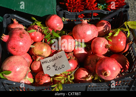 Melograno frutto in stallo del mercato, Sirmione sul Lago di Garda, provincia di Brescia, regione Lombardia, Italia Foto Stock