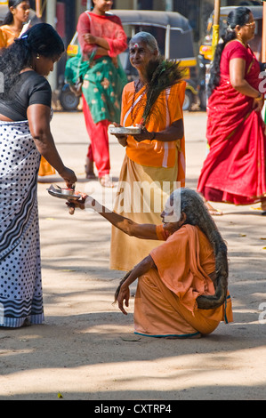 Ritratto verticale di una femmina di sadhvis per l'accattonaggio denaro al di fuori del Mannarasala Sree Nagaraja Tempio o Tempio del Serpente in Haripad. Foto Stock