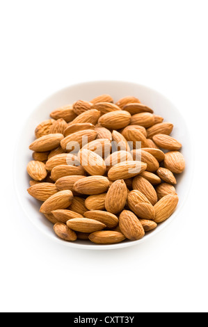 Tutto mandorle sgusciate nocciole o mandorle in un piatto da portata, la ciotola o il piatto isolato su uno sfondo bianco intaglio Foto Stock