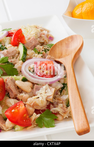 Fagiolo toscano e insalata di tonno con pomodoro, cetriolo, parmigiano e di vinaigrette a base di limone, su un bianco quadrato piatto. Foto Stock