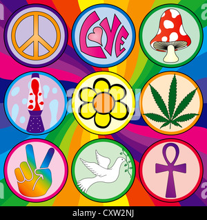Nove anni sessanta icone su un sfondo arcobaleno Foto Stock