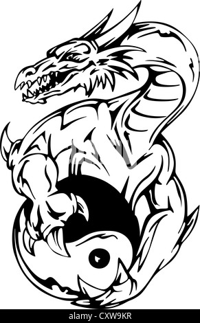 Dragon tattoo con yin-yang segno. EPS illustrazione vettoriale. Foto Stock