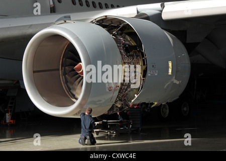 Il tecnico esegue la manutenzione su una Rolls Royce Trent 500 aeromobili jet. Ingegneria Aeronautica, knowledge worker, manodopera qualificata. Foto Stock