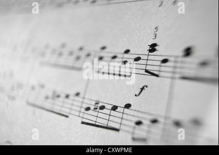 Foglio di musica note cliente melody close up nero bianco composizione linee sinistra destra mani treble schisi stampato su carta Foto Stock