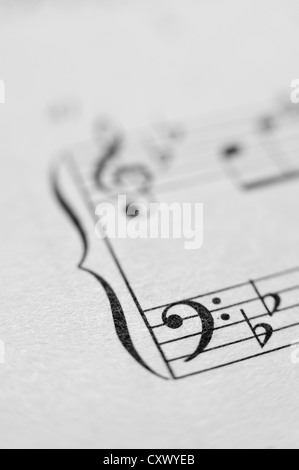 Foglio di musica note cliente melody close up nero bianco composizione linee sinistra destra mani treble schisi stampato su carta Foto Stock