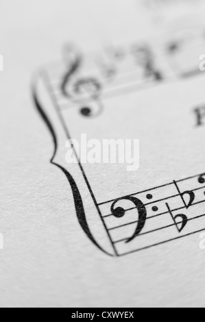 Foglio di musica note cliente melody close up nero bianco composizione linee sinistra destra mani treble schisi stampato su carta Foto Stock