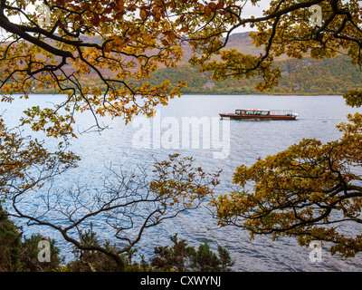 Un traghetto passeggeri sull'acqua di Derwent visto attraverso gli alberi dal Brandelhow Park, Keswick, Cumbria Foto Stock