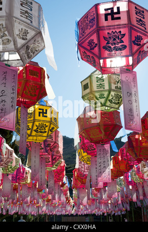 Busan, Corea del Sud. Lanterne e con i messaggi ad essi collegate, che gravano su di un cortile in buddista di Tempio Beomeosa. Foto Stock