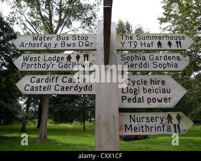 Segno indirizzare i visitatori verso le destinazioni in Bute Park adiacente al Castello di Cardiff a Cardiff Wales UK Foto Stock