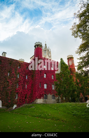 Rosso coperto di edera St Johns College in autunno, Università di Cambridge, Inghilterra. Foto Stock