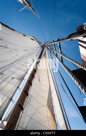 A bordo della storica tall ship goletta "Zodiaco" vela attraverso il San Juan Isole di Puget Sound nello stato di Washington. Foto Stock