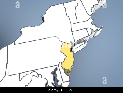 Mappa di New Jersey, NJ, Stati Uniti d'America, Stati Uniti d'America, contorno, 3D illustrazione Foto Stock
