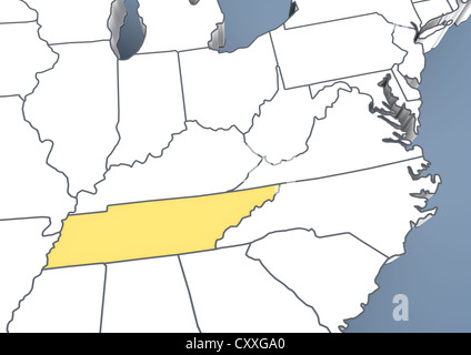 Mappa del Tennessee, TN, Stati Uniti d'America, Stati Uniti d'America, contorno, 3D illustrazione Foto Stock