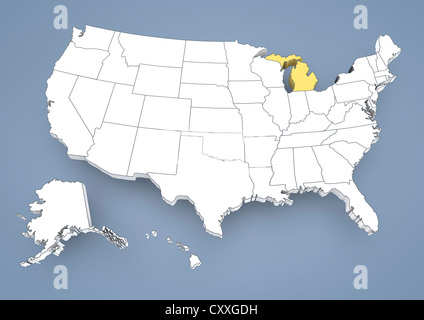 Michigan, MI, evidenziato su una mappa di contorno di Stati Uniti d'America, Stati Uniti d'America, 3D illustrazione Foto Stock