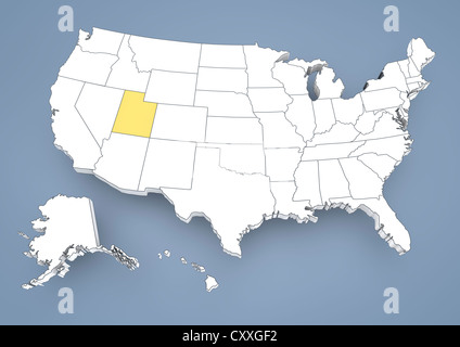 Utah, UT, evidenziato su una mappa di contorno di Stati Uniti d'America, Stati Uniti d'America, 3D illustrazione Foto Stock