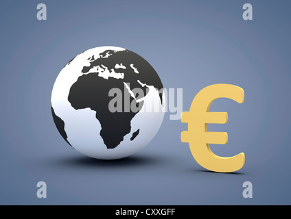 Globo accanto al segno dell'euro, immagine simbolica per la crisi dell'euro, 3D illustrazione Foto Stock