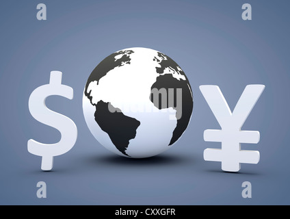 Globo accanto al simbolo del dollaro e dello yen segno, 3D illustrazione Foto Stock