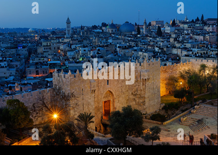 Damasco Gate con le mura della città, crepuscolo, la Città Vecchia di Gerusalemme, da Paulus guest house, Israele, Medio Oriente Foto Stock