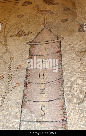 Pavimento a mosaico, VI secolo, Nilometer, chiesa di moltiplicazione, Tabgha, presso il mare di Galilea, Genezaret Yam Kinneret Foto Stock