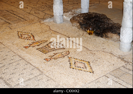 Pavimento a mosaico, VI secolo, altare, pesce e pane, Chiesa di moltiplicazione, Tabgha, presso il mare di Galilea Foto Stock