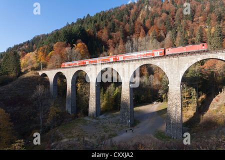 Ravennabruecke, Ravenna, Ponte di Hoellentalbahn, Inferno Valley Railway, con attraversamento del treno, Hoellental, Valle dell'Inferno Foto Stock