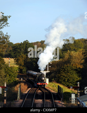 Locomotiva a vapore il treno 473 Boschetto di frusta a Sheffield Park Station on the Bluebell Linea ferroviaria SUSSEX REGNO UNITO Foto Stock