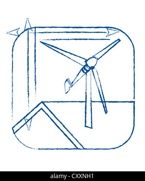 Piccole turbine eoliche su un tetto, disegno tecnico, illustrazione Foto Stock