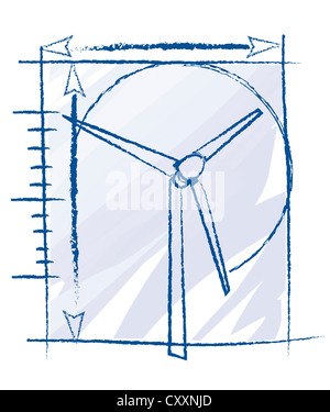 Illustrazione, disegno tecnico di una turbina eolica Foto Stock