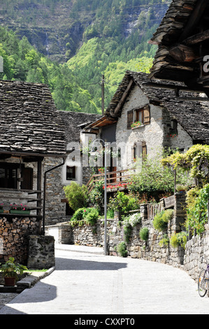 Village Street, Sonogno, il villaggio più arretrata nella Valle Verzasca, Canton Ticino, Svizzera, Europa Foto Stock