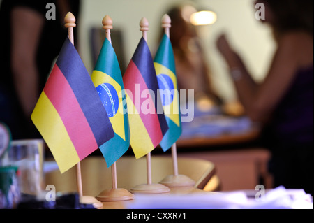 Il tedesco e il Brasiliano bandiere nazionali in un ufficio come un simbolo della cooperazione tra il Brasile e la Germania Foto Stock