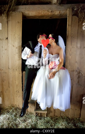 Sposa e lo sposo, sposi baciare in un granaio, fieno sparso Foto Stock