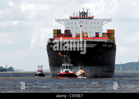 MSC Lucy, contenitore di nave, costruita nel 2005, 324.85 m, arrivando nel porto di Amburgo, città anseatica di Amburgo Foto Stock