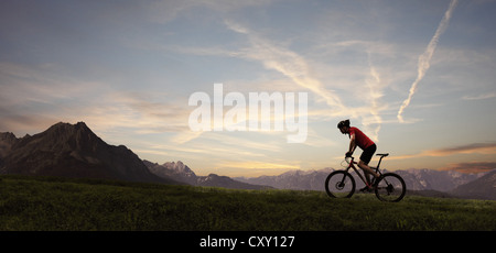 Ciclista, mountain biker, silhouette, montagne, sunset Foto Stock