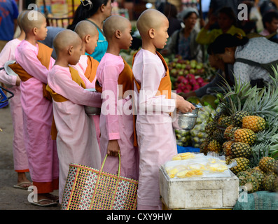 Mattina in scena a Kengtung, Myanmar. Le monache allineando l elemosina in un mercato locale. Foto Stock