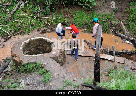 I bambini la raccolta di acqua da un torrente fangoso, Comunida Martillo, Caaguazu, Paraguay, Sud America Foto Stock