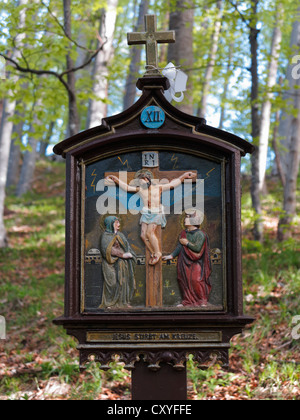 Stazione su una Via Crucis sulla montagna Riederstein, XII STAZIONE Gesù muore sulla croce, montagne Mangfall Foto Stock