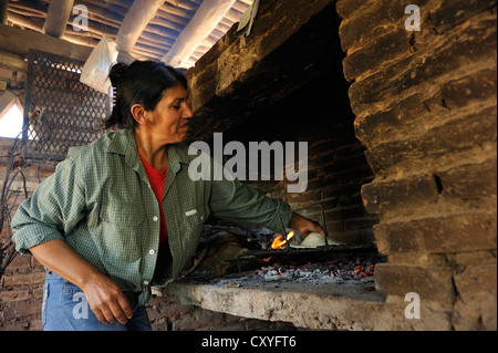 Donna di mettere la pasta su una griglia in una tradizionale stufa di legno, Gran Chaco, Santiago del Estero Provincia, Argentina, Sud America Foto Stock