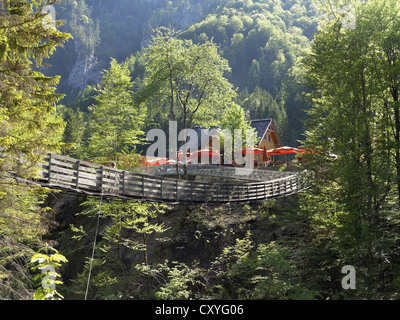 Ponte di sospensione attraverso la Salza fiume vicino alla Wasserlochklamm gorge, Palfau, Stiria, Stiria, Austria, Europa Foto Stock