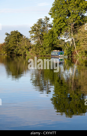 La mattina presto luce su una barca stretta ormeggiato sul fiume Tamigi vicino a Sonning, Berkshire, Regno Unito Foto Stock