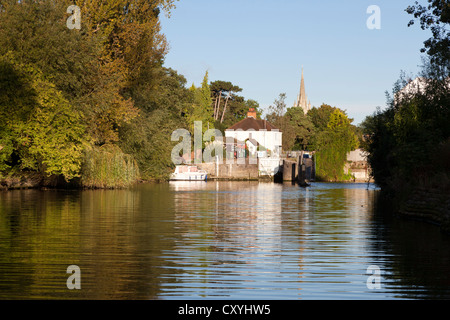 La luce del mattino sul Fiume Tamigi a Marlow serratura, Buckinghamshire, UK Foto Stock